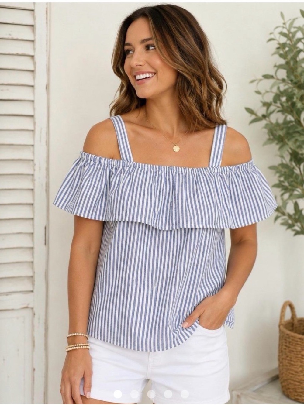 J. Crew Blue and White Striped Off-Shoulder Ruffle Camisole